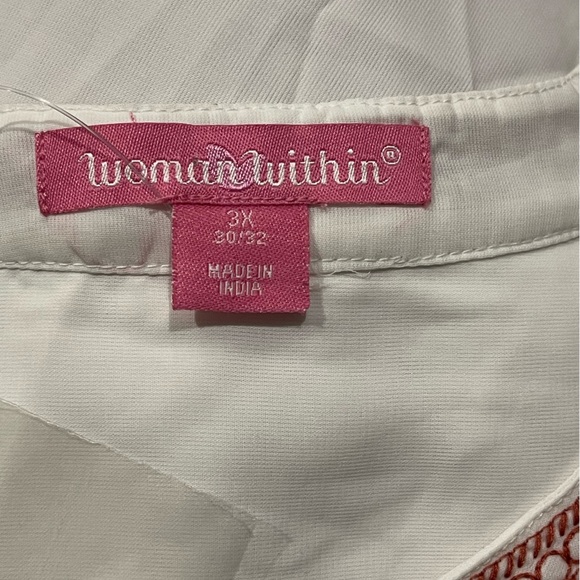 Woman Within Womens Tunic White Size 3X 30/32 Red Embroidery Floral 1/2 Button - Picture 8 of 8